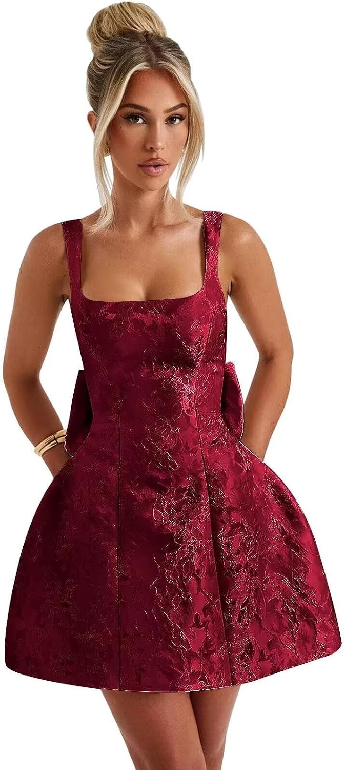 Short Satin Homecoming Dresses with Bow 2025 Square Neck Puffy Cocktail Party Dresses for Teens Women