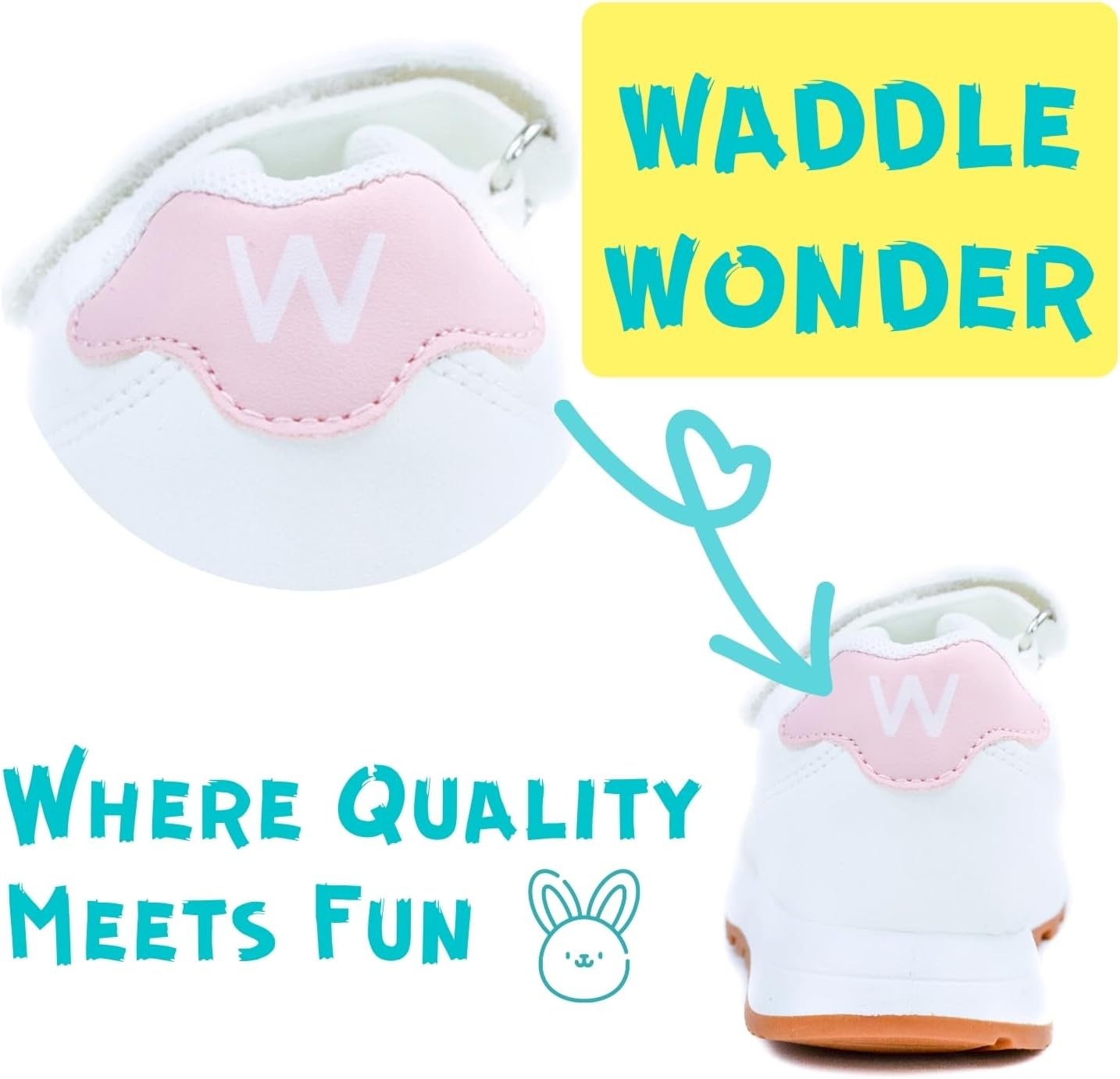 waddle wonder Toddler Cheer Shoes for Girls – Non‑Slip White Sneakers with Hook‑and‑Loop Strap & Elastic Laces, Lightweight Running Shoes for School & Play - Image 3
