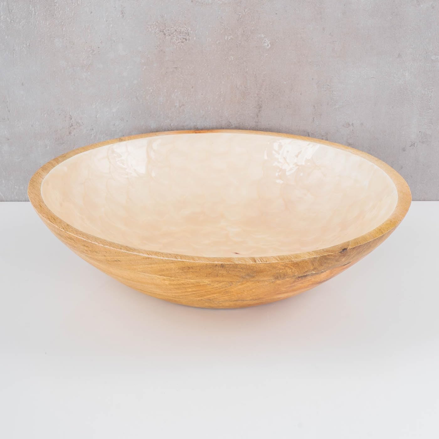 levandeo Schüssel 35cm Mango Holz Creme Perlmutt Emaille Schale Bowl Salatschüssel Deko Servierplatte Tischdeko Dekoration