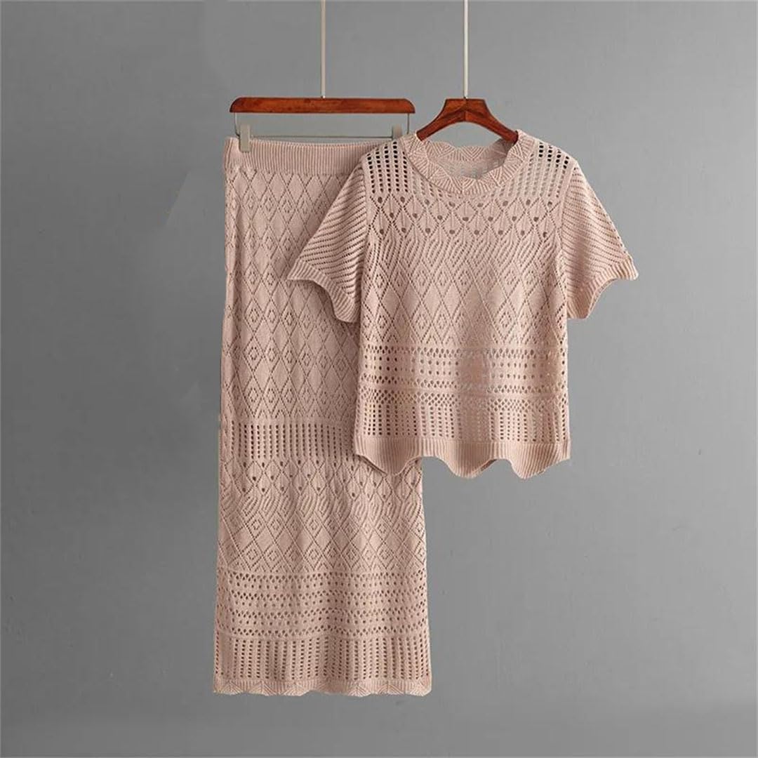 Women's Solid Color Hollow Short Sleeved Knitted Skirt Two-Piece Set