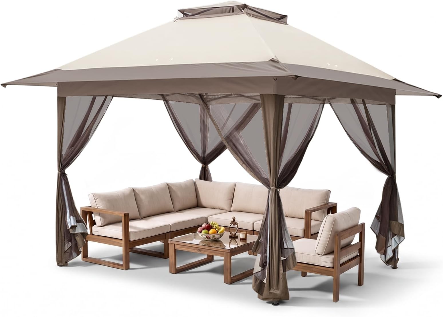 EAGLE PEAK 13x13 Pop Up Canopy Tent with Mosquito Netting Screen Tent, Auto Extending Eaves 169 Sq Ft of Shade, Easy One-Person Setup Screened Gazebo for Backyard and Patio, Beige/Brown