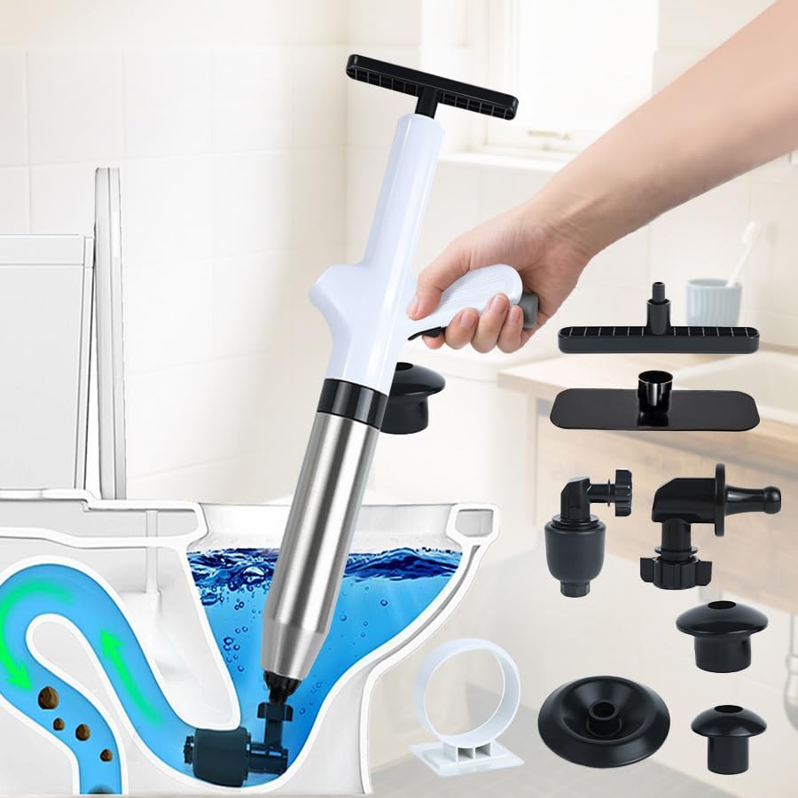 Desatascador Profesional de Tuberías con Aire Comprimido (4 Cabezales) - Bomba de Alta Presión con Manómetro para WC, Lavabo, Ducha y Fregadero - Kit Anti-Atascos para Desagües, Bañeras y Sifones