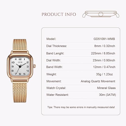 Miniatura 4 de Reloj cuadrado de oro rosa para mujer con esfera de números arábigos pequeños, pulsera de acero inoxidable, movimiento de cuarzo, resistente al agua