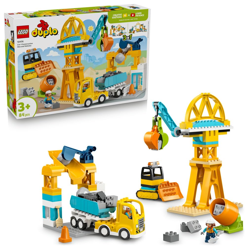 LEGO DUPLO Plac budowy z pojazdami 3 w 1 10476 | plac budowy, klocki dla 3-latka, prezent dla chłopca i dziewczynki 3+, pojazdy 3 w 1, 84 elementy