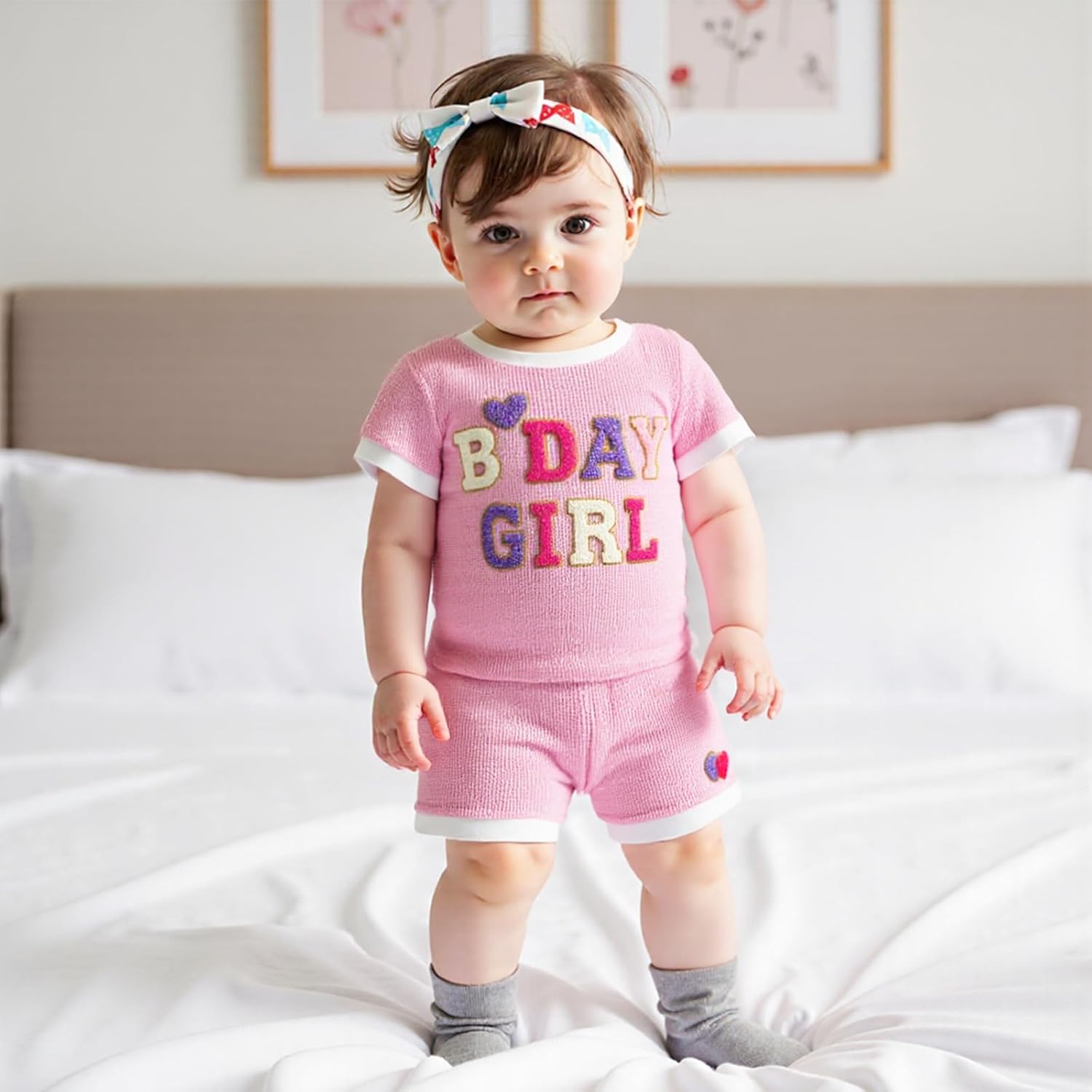 SAYOO Toddler Baby Girl Outfit Birthday Girl Print Short Sleeve Waffled T-Shirt Heart Short 2Pcs Princess Birthday Clothes
