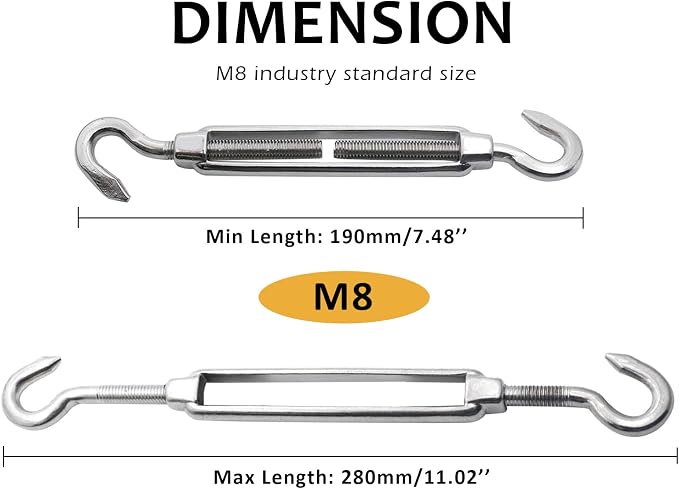 2PCS Tensores de Cable M8 Gancho & Gancho Acero Inoxidable miniatura 3