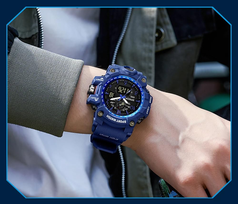 Gosasa Montre analogique numérique de style militaire, grand cadran 5,6 cm, étanche à 50 m, double fuseau horaire, alarme, rétroéclairage LED, chronomètre, bracelet en polyuréthane