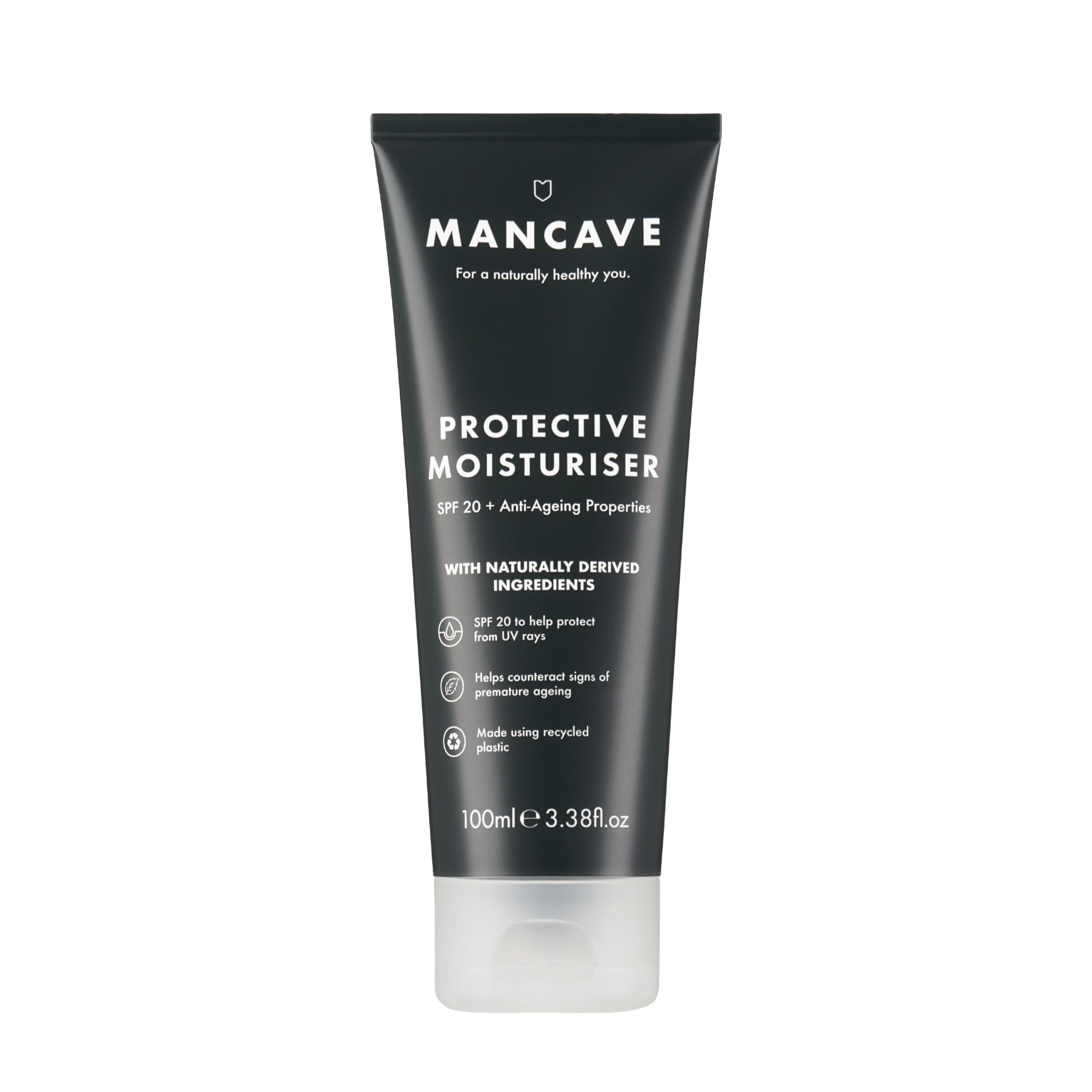 ManCave Crema Hidratante Facial Antiedad con FPS 20, 100 ml – Crema Facial de Hombre con Rosa Mosqueta y Vitamina E – Crema de Cara Hombre Previene el Envejecimiento – Formulación Natural, Vegana