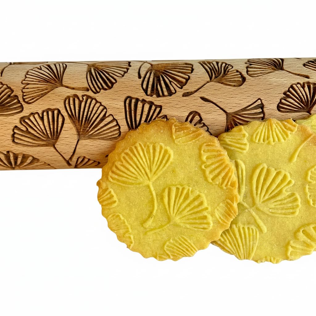 Embossing Rolling Pin GINKGO. Dough and Clay Roller for Embossed Cookies and Pottery. Cookie and Ceramic Stamp. Baking Gifts for Women by Algis Crafts