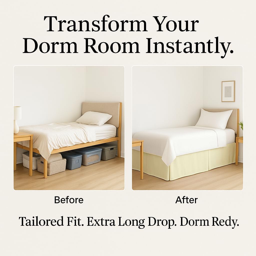 eBeddy Linens Bettrock mit geteilten Ecken, Twin XL, 91,4 cm Länge, 100 % Baumwolle, extra langer Bettrock für Studentenwohnheim, Plattform-Stil, elfenbeinfarben, einfarbig, versteckte