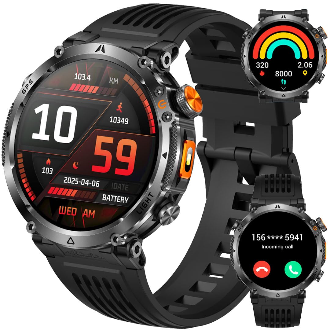 Orologio sportivo GPS da uomo, con schermo HD da 1,7 pollici, torcia a LED, durata della batteria 850 mAh, modalità multi-sport, cardiofrequenzimetro, Bluetooth, chiamate, smartwatch militare per