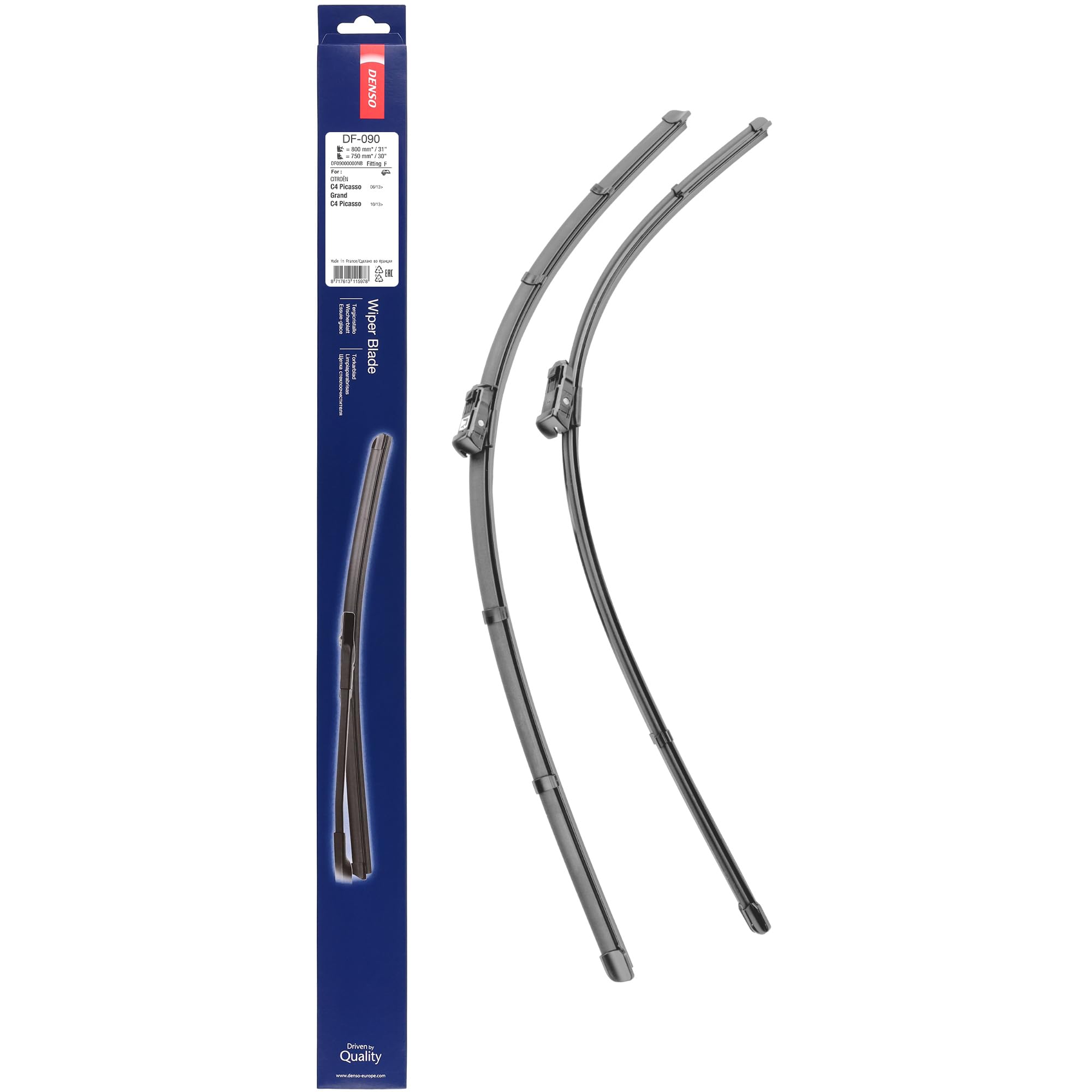 Kit Spazzole Tergicristallo Flat DENSO (DF-090) Contiene 2 Pezzi per Veicoli con Guida a Sinistra, 800/750 mm, Tergicristallo Silenzioso e Durevole con Design Aerodinamico - Qualità OE