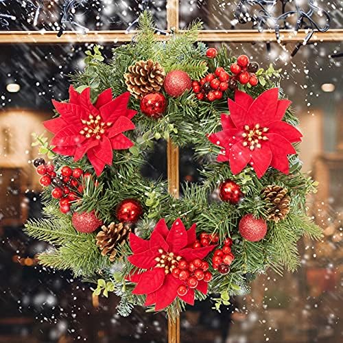 Adeeing 16 Inch Artificial Christmas Wreath, 40cm Red Front Door Garland with Christmas Baubles, Xmas Flowers, Berries and Pine Cones for Door Wall Window Fireplace Decoration