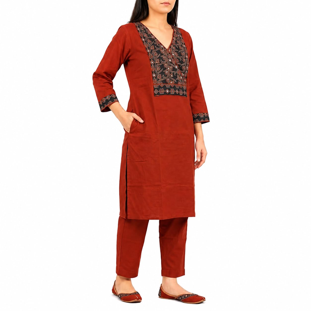 AAVIVA Women's Rust Cotton Printed Kurti Pant Set with Mirror Work V-Neck | Straight Kurta with Matching Pants | Elegant Ethnic Wear for Women | Casual Office Festive Traditional Outfit-image-16