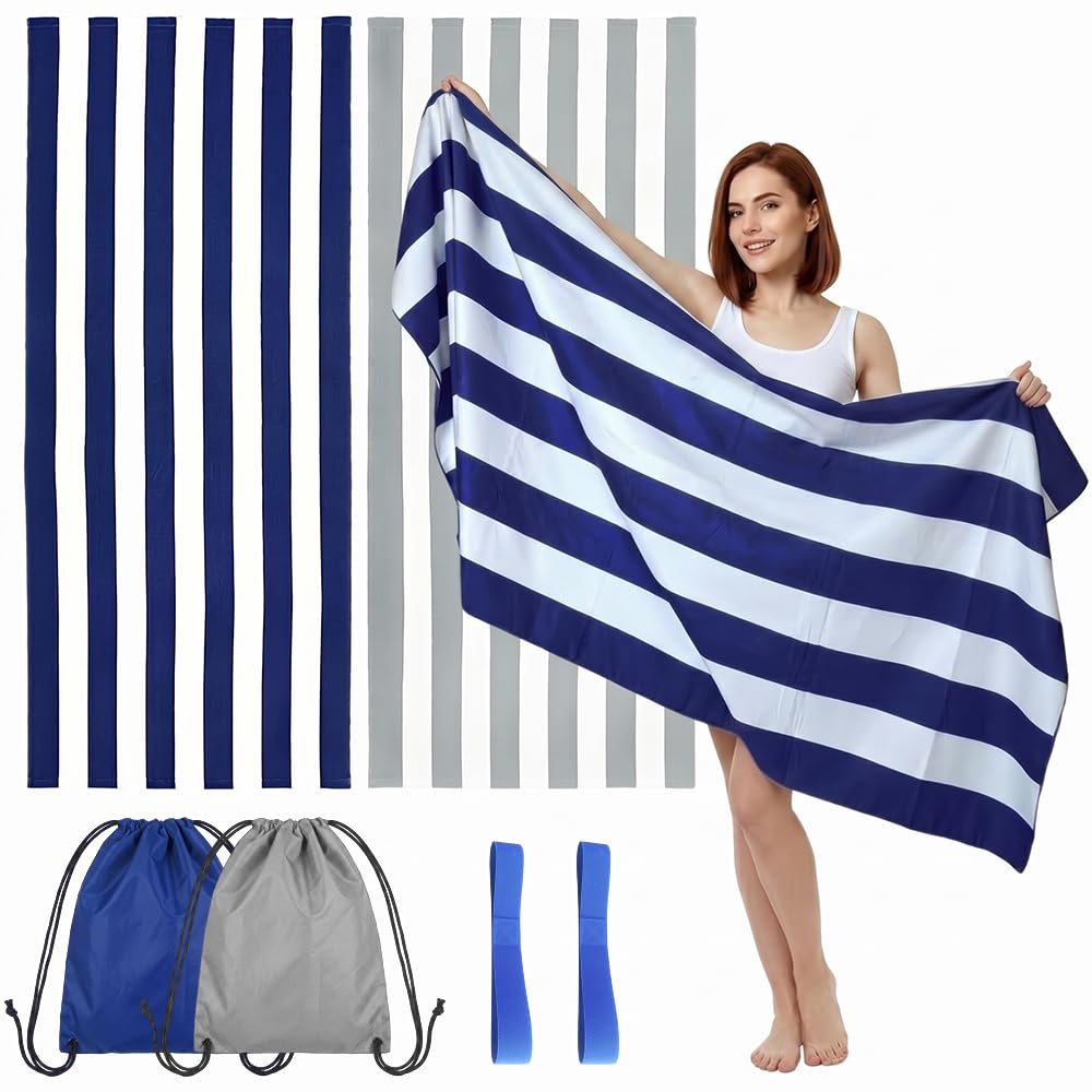 Vervora Microfibre Beach Towels 2 Pack, 180 x 90 cm Extra Large Quick Dry Travel Towels for Adults with 2 Drawstring Bags & 2 Elastic Straps, Lightweight Sand Resistant Blue Grey Striped Towels