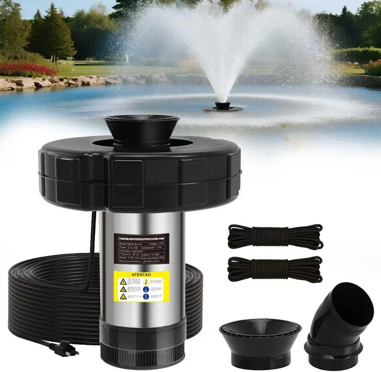 15000 GPH Pond Fountain Aerator, 110V,Floating Pond Fountain Pump with Stainless Steel Body, Pond Aerator Pump for Small & Large Ponds and Lakes (Black)