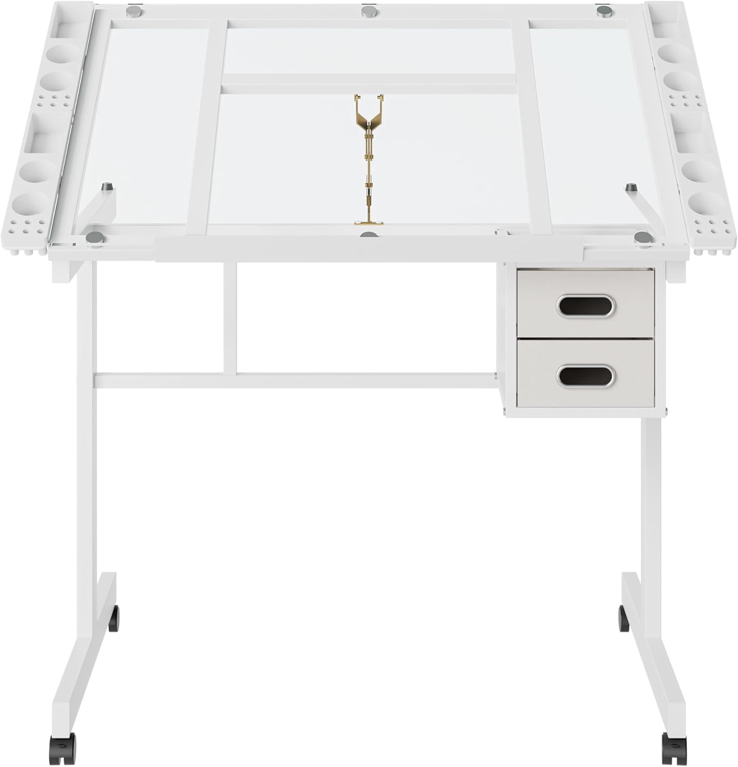 Glass Drafting Table Desk Adjustable Drawing Art Station with Wheels, Tilting Craft Desk with Storage Trays and Drawers for Home Studio Office
