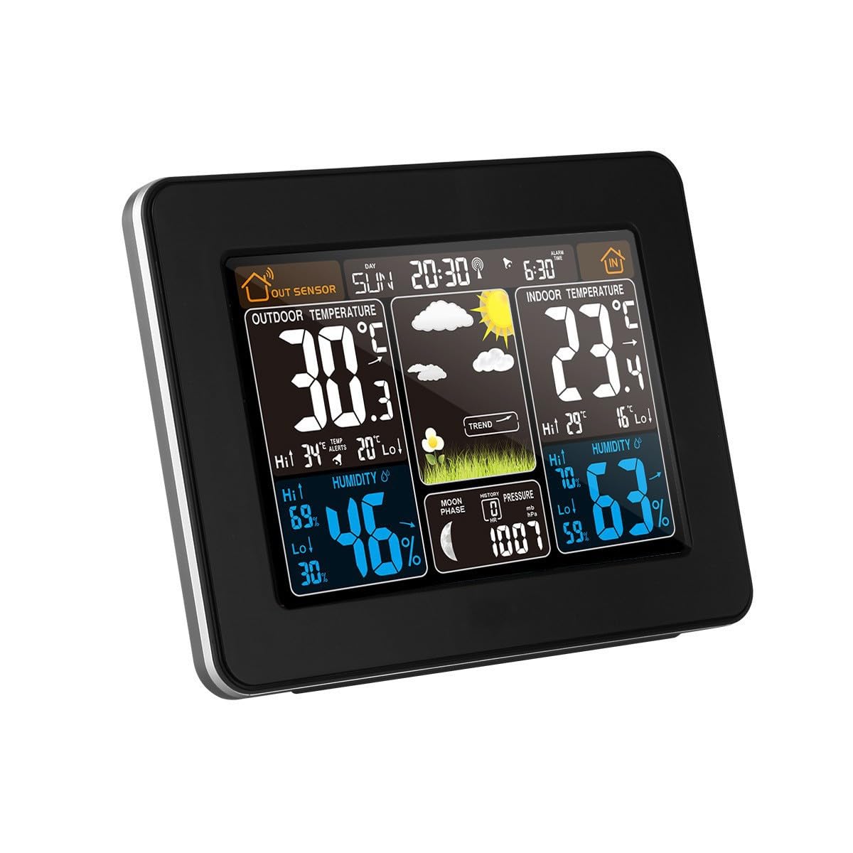 Wireless Weather Station with Color Display, Indoor Outdoor Temperature Humidity Monitor, Daily Alarm Clock, Moon Phase Barometric Pressure, Black