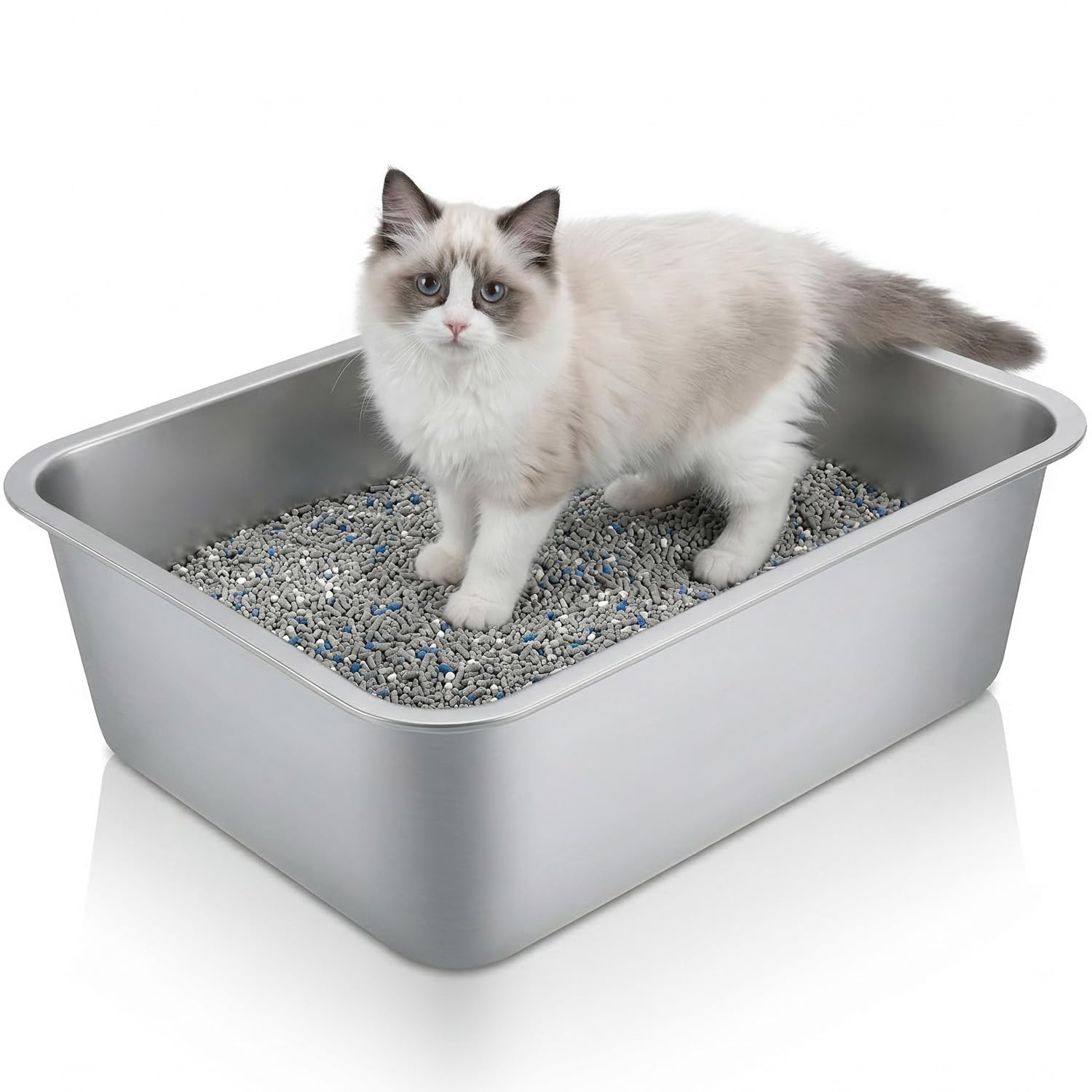 Exquilnova 60 X 40 X 15CM Stainless Steel Cat Litter Tray,Open Cat Litter Boxes with High Sided,Uncovered Stainless Steel Cat Litter Box for Kitten,Rabbit,Guinea Pig,Easy to Clean(L)