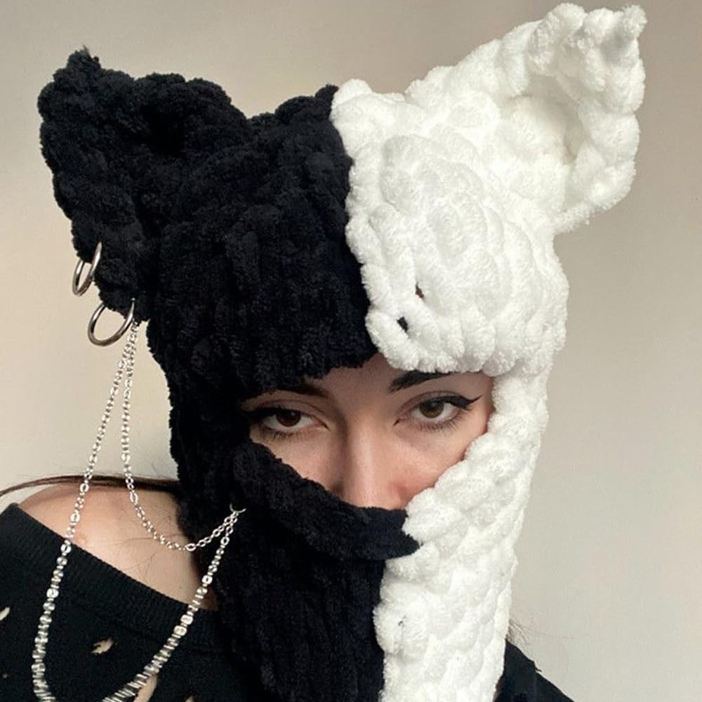 Thickened Crochet Knit Balaclava Hat for Women Girls, Funny Long Bunny Ears Beanie Hat with Scarf Mask Thermal Headwear