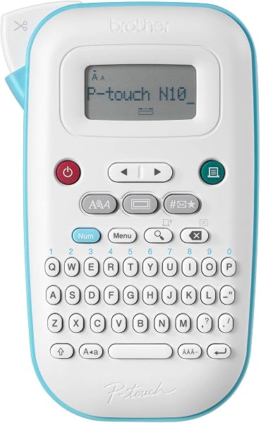 Close-up of the Brother P-touch PT-N10 label maker's interface and QWERTY-style keyboard.