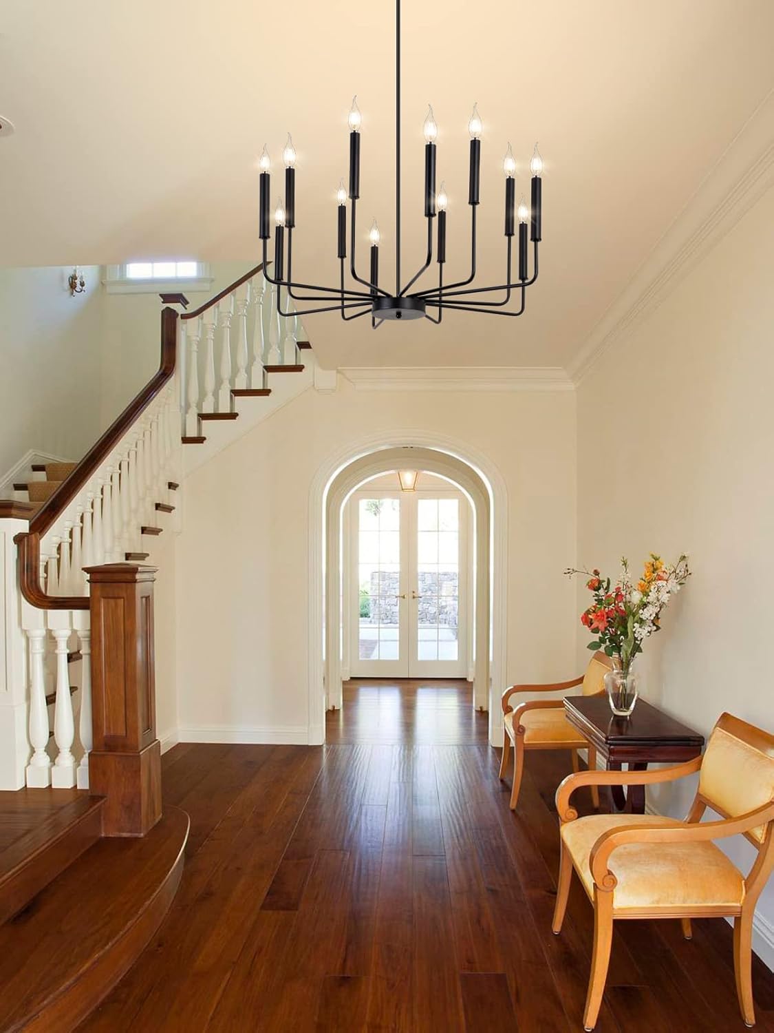 Modern Farmhouse Black Chandelier, 12-Light Rustic Candle Chandelier, Industrial Hanging Chandeliers for Dining Room, Living Room, Kitchen, Foyer, Entryway