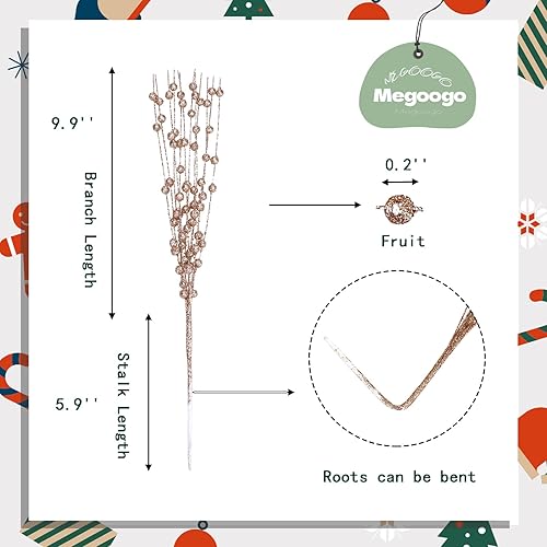 Miniatura 2 de 12 piezas de púas brillantes para árbol de Navidad, tallos de bayas brillantes de oro rosa, adornos de bayas artificiales, púas y ramas de Navidad