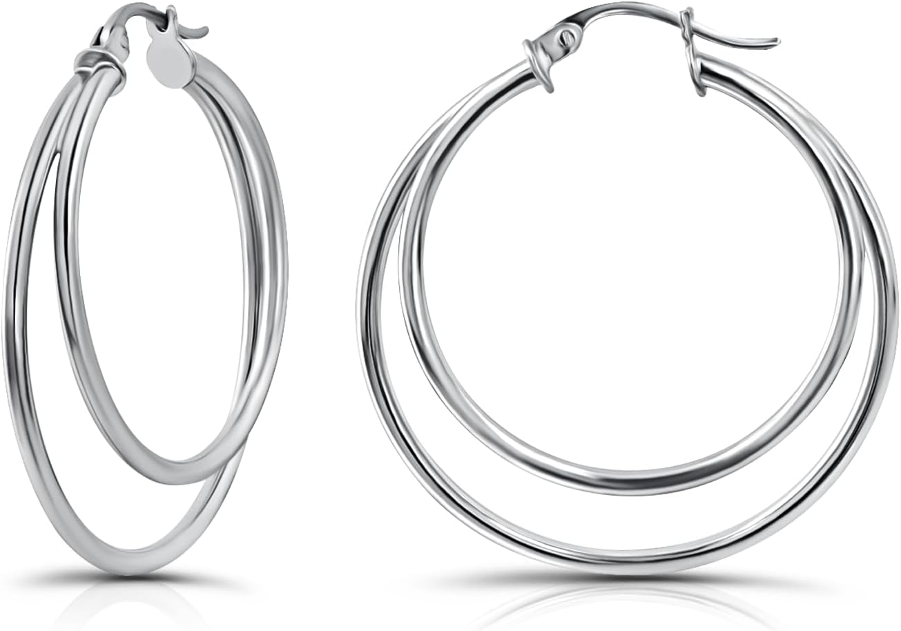Hoops & Loops 925 Sterling Silver Double Circle Hoop Earrings for Women - 30mm Layered Stacked Circle Round-Tube Click-Top Hoops, Two-Tone 14K Yellow Gold, Rose Gold Flash Plated, Black