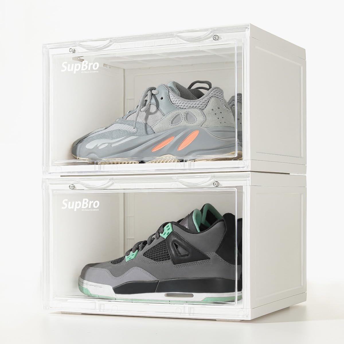SupBro Collection Crate - Easy Access Storage Shoes Box -Plastic Foldable Stackable Sneaker Display Storage with Clear Side Open Door Organizer-2 Pack(White)