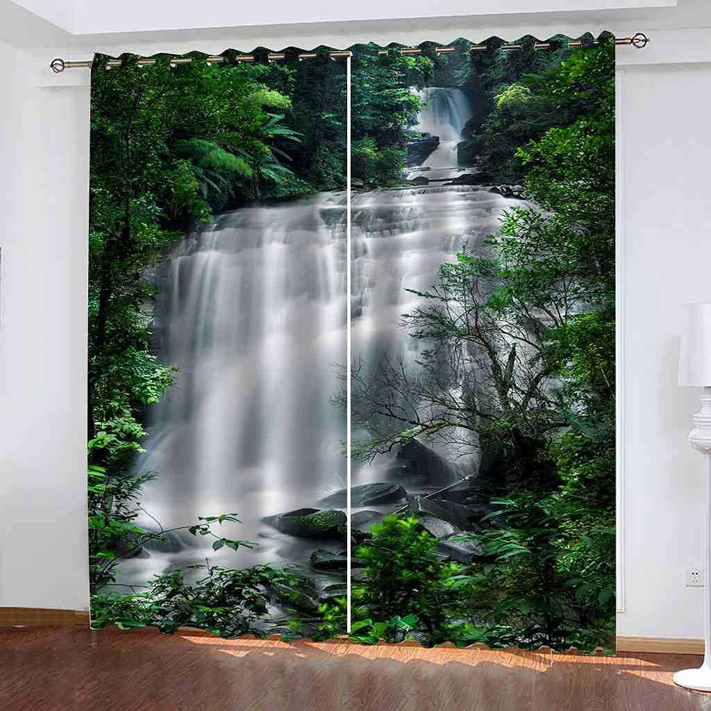 Rideaux occultants d'enfant 3D rivière de cascade de forêt verte isolant thermique 140x160cm