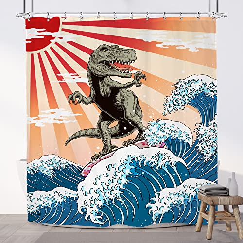 Imirell Lustiger Dinosaurier-Duschvorhang, 152 x 183 cm, japanische Kanagawa-Wellen, niedliches Dino-Surfen, Sonnenstrahlen, Stoff, wasserdicht, Polyester mit 12 Haken aus Kunststoff Cover