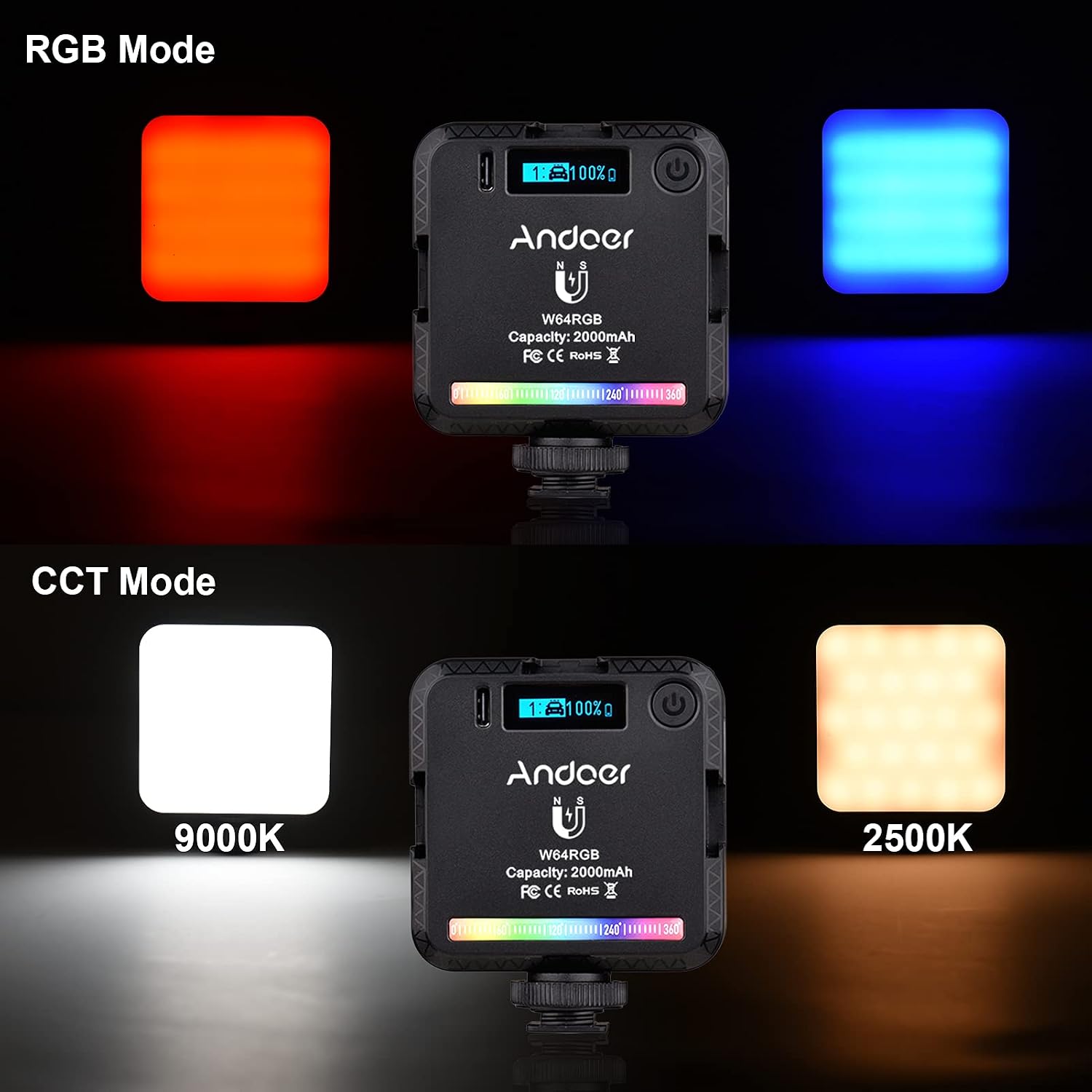 Andoer W64RGB Mini RGB LED Video Light showing both RGB and CCT modes with different color outputs
