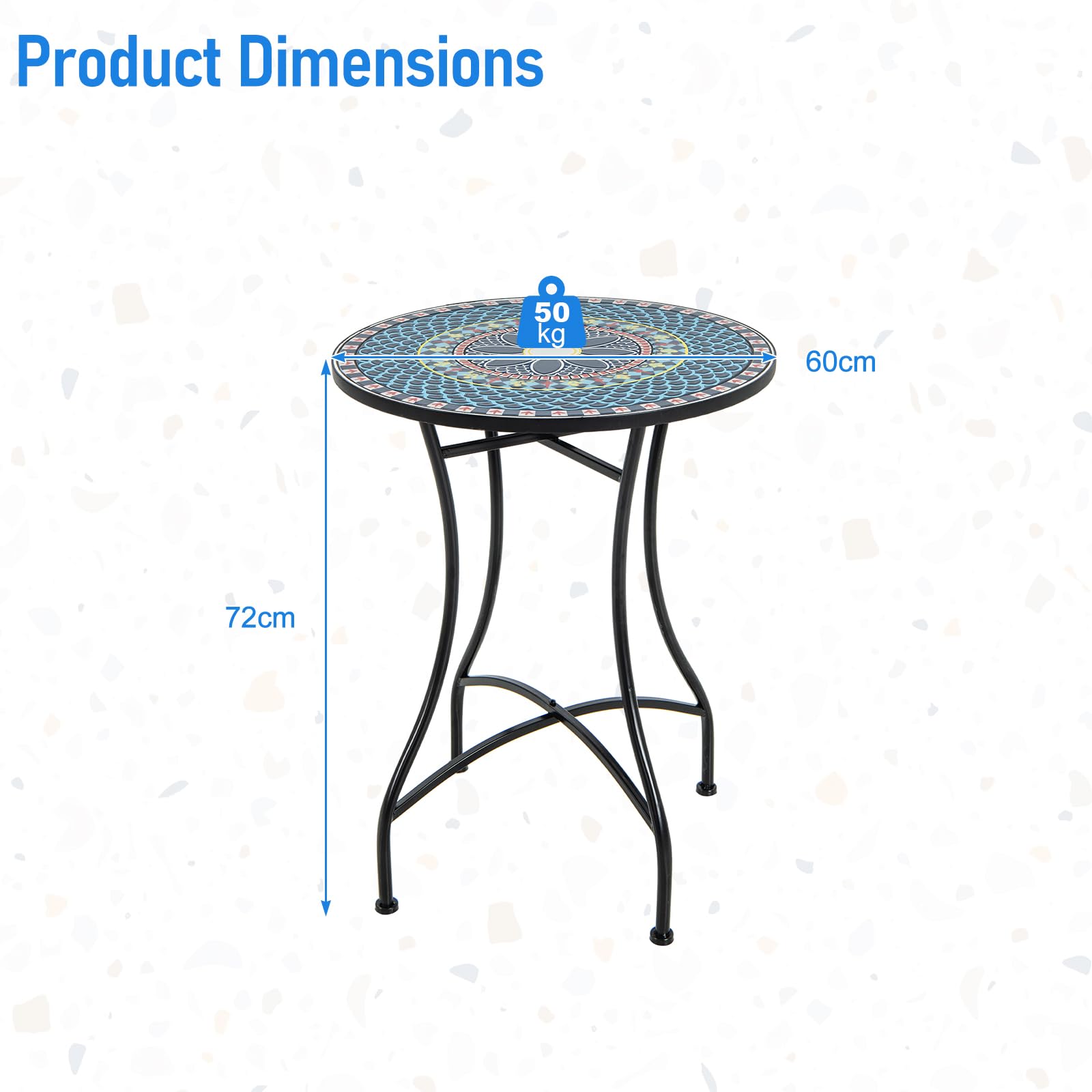 GIANTEX Tavolino ausiliario con piano in mosaico di piastrelle in ceramica, tavolo da bistro con gambe curve in metallo, capacità 50 kg, tavolino rotondo da caffè per soggiorno, patio, terrazza