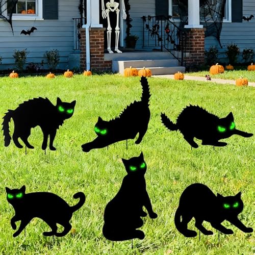 6 Stück Halloween Schwarze Katzen Silhouette Garten Dekoration – Leuchtende Augen, Wetterfest, Garten Dekoration für Outdoor Hof, Rasen & Terrasse – Gruselige Deko für Halloween Party & Fest
