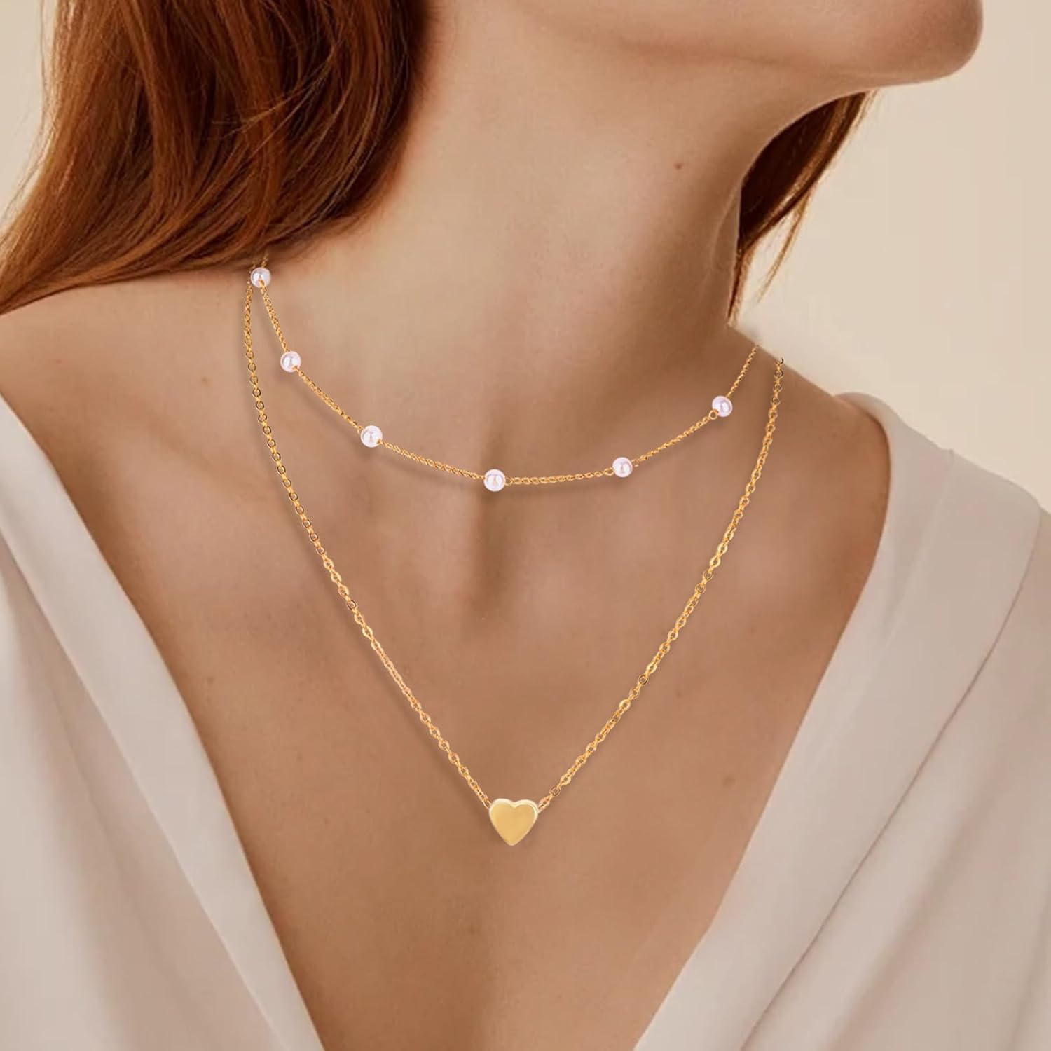 Gold Necklace for Women, Heart Pendant & Pearl Choker Layered Necklaces Stack 14K Gold Plated Chain Dainty Cute Trendy Women's Jewelry Gifts - Image 2