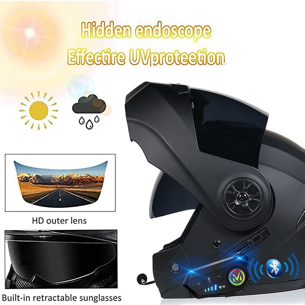 Klapphelm mit Bluetooth, Integriert Motorradhelm, ECE Zertifiziert Integralhelm mit Doppelvisier, mit Eingebautem Mikrofon für Automatische Reaktion, für Erwachsene Frauen Männer