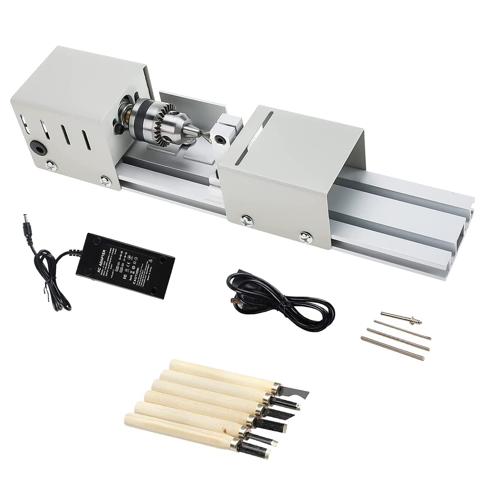 Mini Torno para Madera, Juego de Herramientas for Torno de carpintería de 96 W, Pulido, fresado y rectificado, 12 V-24 V CC