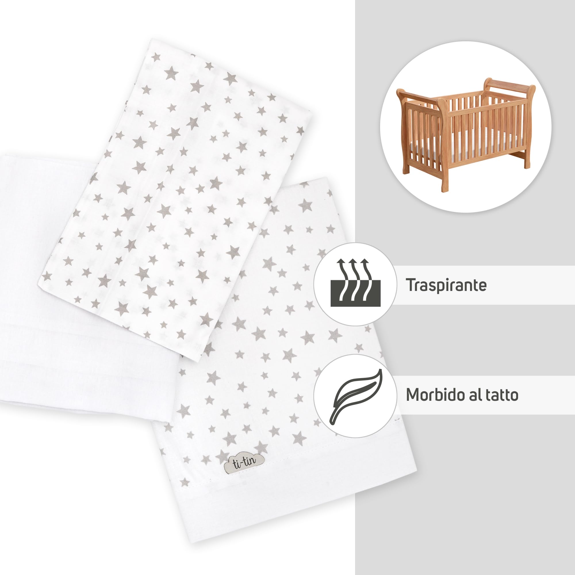Ti TIN | Set Per Culla con Lenzuolo con Angoli, Lenzuolo, Federa, 100% Cotone | Set di 2 Lenzuola e 1 Federa | 60x120 cm