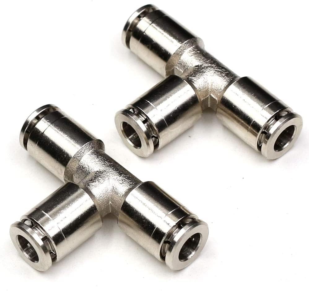 CEKER 8mm Push Tee Union Fitting, Nickel Plated Brass, Quick Connect, 2 Pack