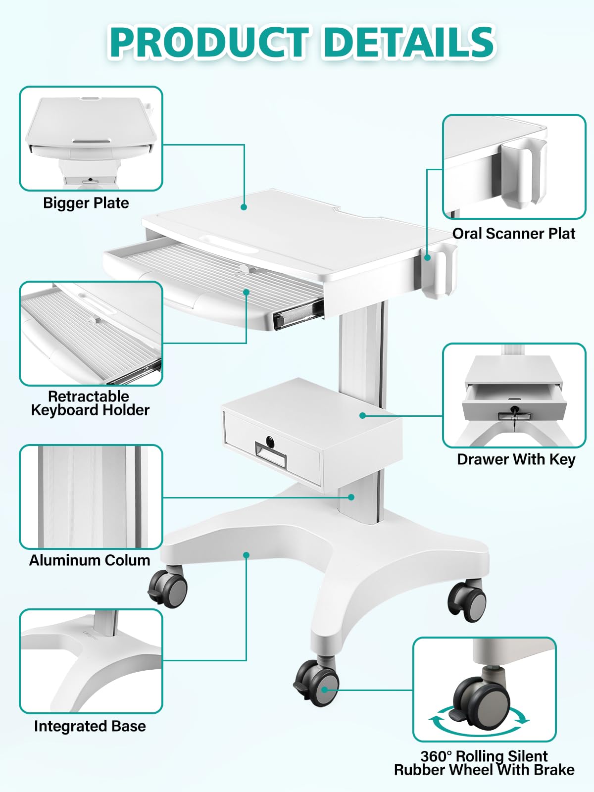 Kalolary Carro Médico Móvil para Portátil, Carro Clínico con Cajón con Llave y Soporte para Escáner Oral, Carro Dental con Ruedas para Hospital, Clínica Dental y Laboratorio