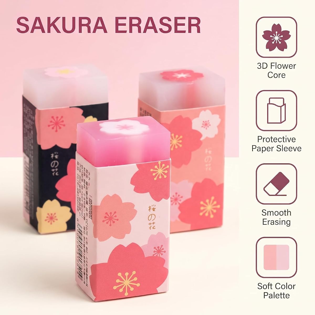 3Pcs Pink Lovely Cherry Blossoms Rubber Erasers Sakura Petal Sketch Painting Pencil Correction Tool School Office Stationery Supply Standard Pencil Erasers Correction Products