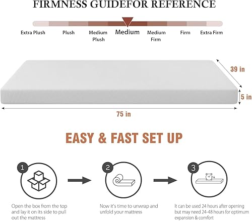 Miniatura 2 de Colchón individual de espuma viscoelástica de 5 pulgadas con certificado CertiPUR-US para sueño fresco y alivio de presión, colchón de cama de
