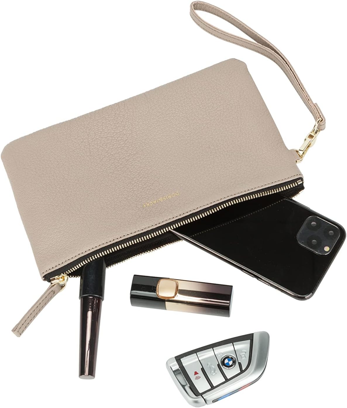 DORIS&JACKY Small Leather Wristlet Clutch Purse for Women Slim Thin Designer Goatskin Cell Phone Pouch Bag with Strap