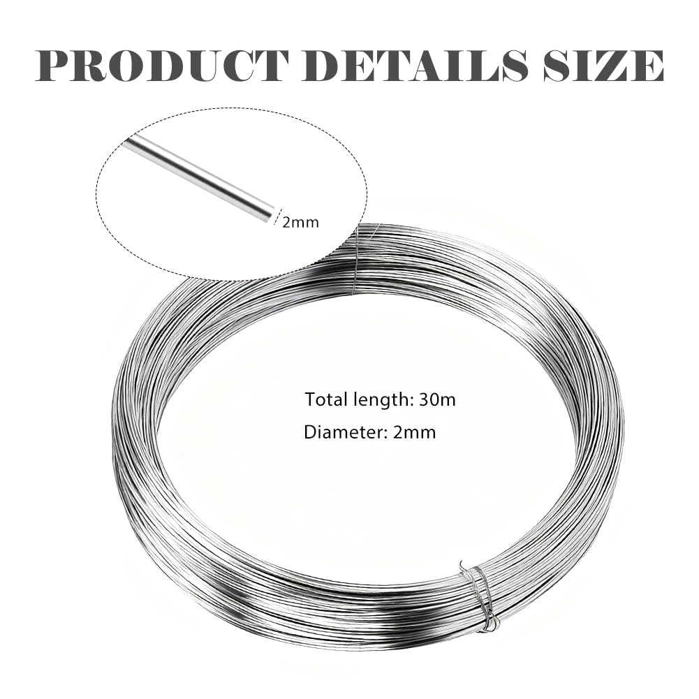 304 fili in acciaio inox, Ø 2 mm, 30 m, filo in acciaio inox argento, filo di acciaio duro, per lavori fai da te, da giardino (2 mm x 30 m)