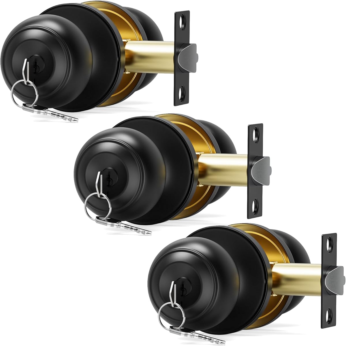 3 Pack Door Knob with Lock and Key, Keyed Different Black Door Knobs, Entry Interior and Exterior Door Lock for Bedroom/Bathroom Ball Door Knob Matte Black Finish
