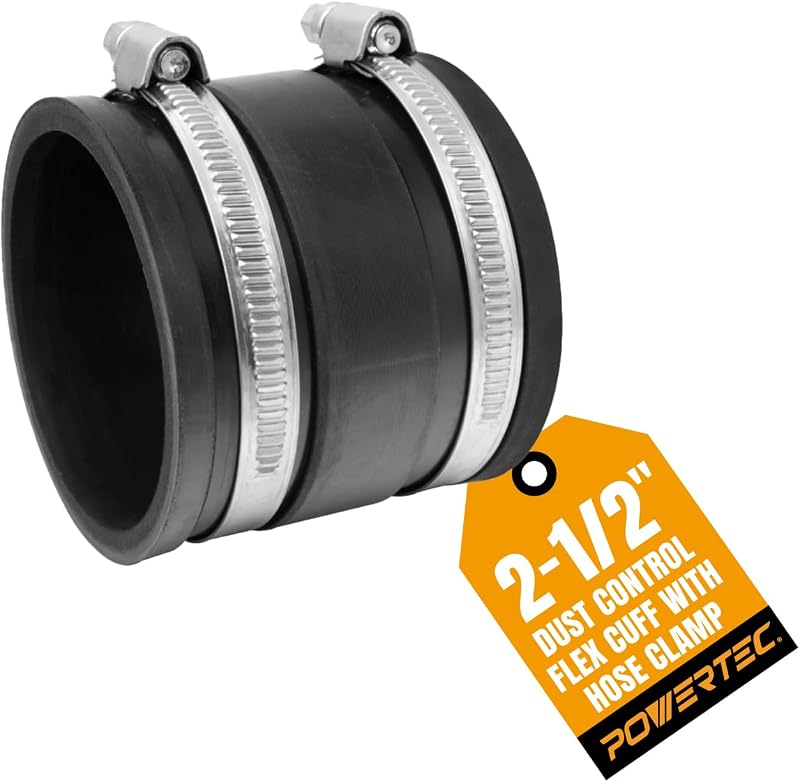 POWERTEC 70148V Manguito flexible de control de polvo de 2-1/2 pulgadas con abrazaderas de manguera de acero, conector de manguera acoplador de manguito de goma para accesorios de recolección de polvo de carpintería, accesorios y maquinaria para colector de polvo, 1 unidad