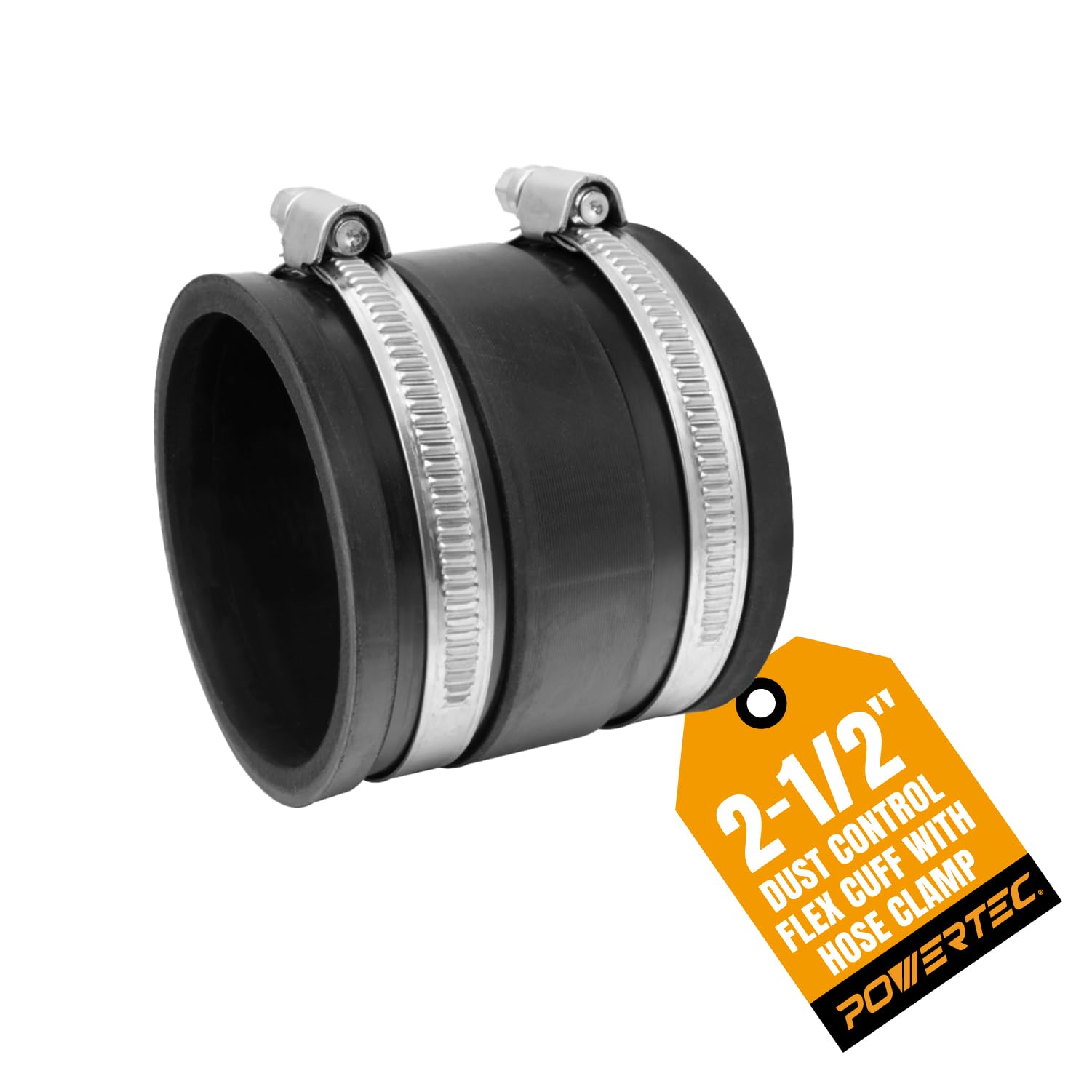 POWERTEC 70148V 2-1/2 Inch Dust Control Flex Cuff with Steel Hose Clamps, Hose Connector Rubber Cuff Coupler for Woodworking Dust Collection Fittings, Dust Collector Accessories &amp; Machinery, 1pk