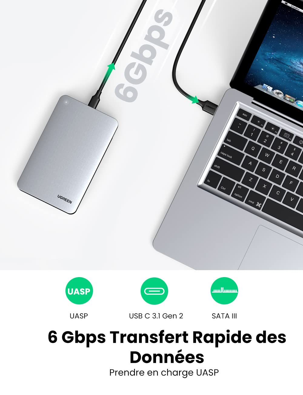 UGREEN USB C 3.1 Gen 2 Boîtier Externe 2,5 Pouces pour Disque Dur SATA III II I HDD SSD 7 mm 9,5 mm 6 to Max 6 Gbps UASP Boîtier en Aluminium Câble USB A vers USB C Inclus Installation sans Outil