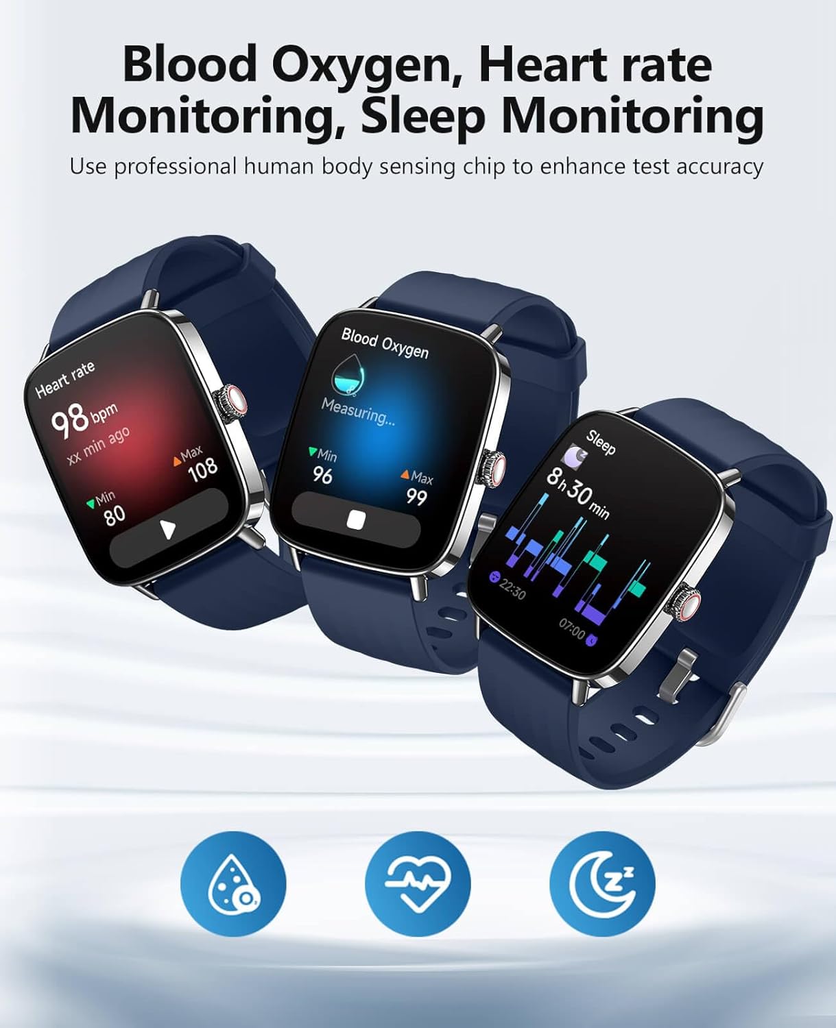 Three SOUYIE smartwatches displaying heart rate, blood oxygen, and sleep data