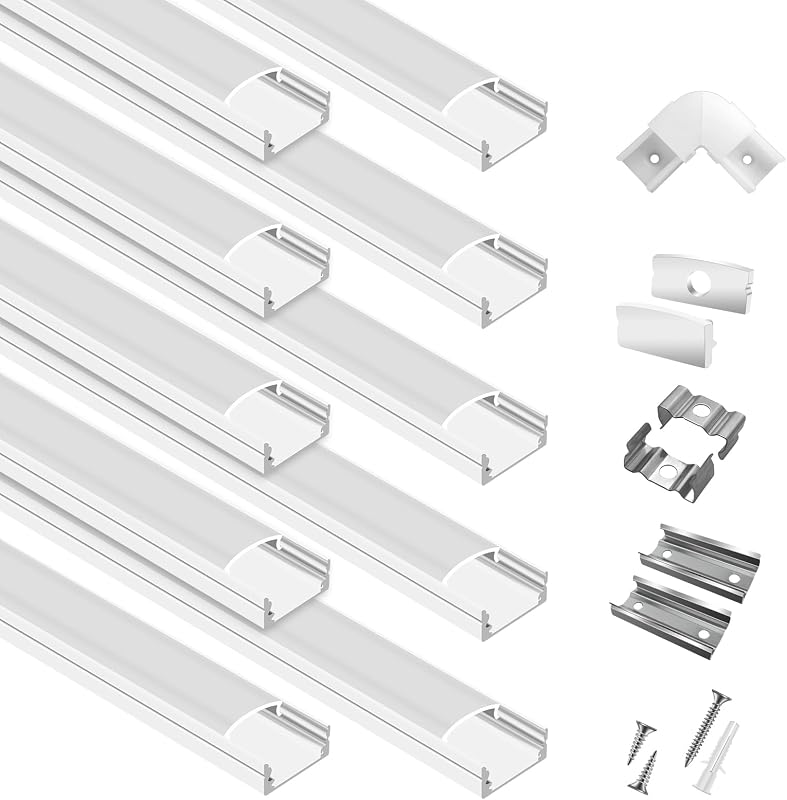 hunhun 10-Pack 6.6ft/2Meter U Shape White LED Aluminum Channel System with Milky Cover, End Caps and Mounting Clips, Aluminum Channel Profile for LED Strip Light Diffuser Installations (10pack*6.6ft)